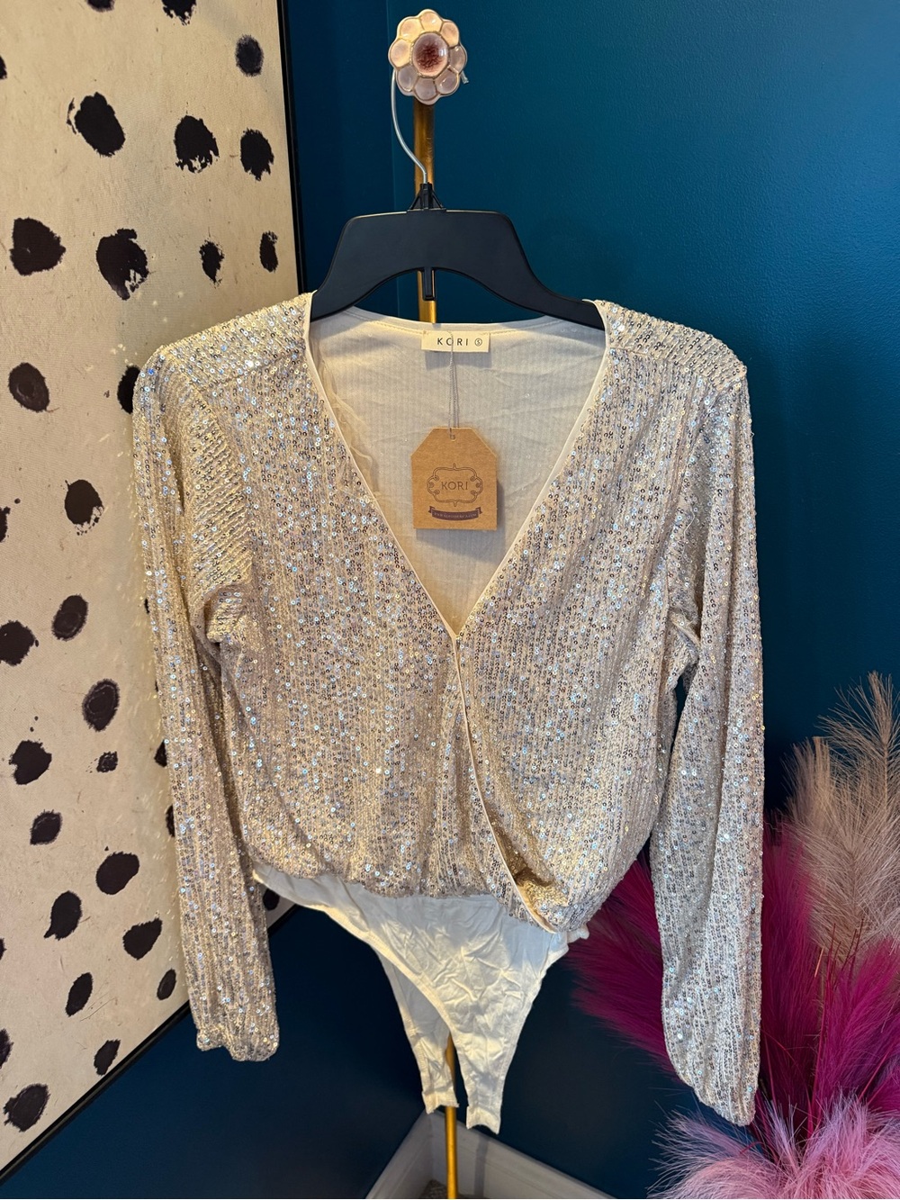 Kori Champagne Sequin Long-Sleeve V-Neck Bodysuit